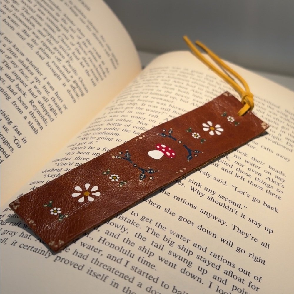 Handcrafted Brown Leather Bookmark with Mushroom and Daisy Design